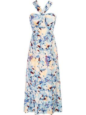 Women's Maxi Dress Floral White Blue Halter Neck Sleeveless A LINE Summer Soft